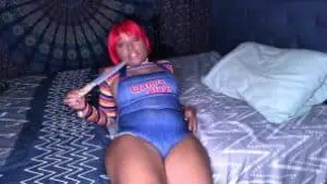 Ebony: Super Hot Pussy Play for Halloween as a Chucky Doll