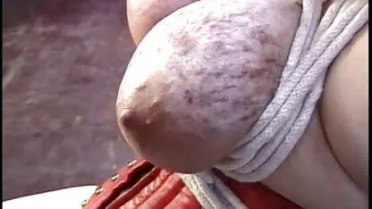 Her tits and hands are roped