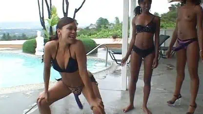 Poolside strap-on group session on couch and by the pool