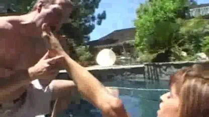 Poolside MILF indulges a foot fetish, wants cum on her feet