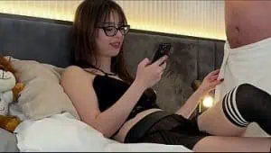 Nerdy raver in glasses teases with slow edging handjob and ball massage