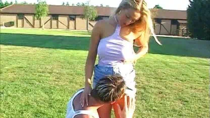 Sassy cowgirl gives a blowjob outdoors after getting her cunt licked