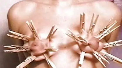 Horny dude loves putting clothes pegs on his slaves tits